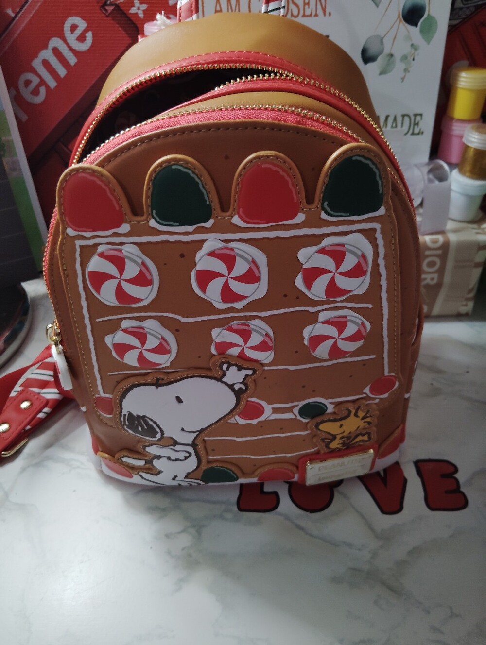 Peanuts Brown Candy Gingerbread Mini Backpack with Red & Green Accents